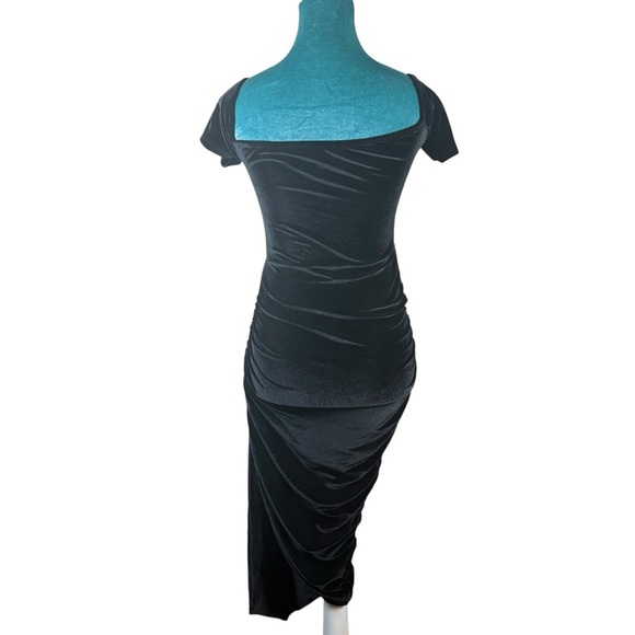 PrettyLittleThing Black Ruched Cocktail Asymmetrical Bodycon Dress | Size 4 - Picture 4 of 10